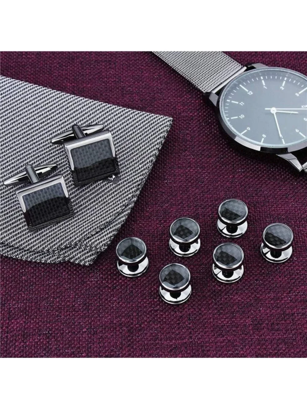 Men's Cufflinks & Tuxedo Studs Set in Gift Box - Carbon Fiber
